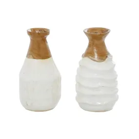 1 PIECE WHITE TEAK WOOD HANDMADE VASE WITH RIPPLE TEXTURE