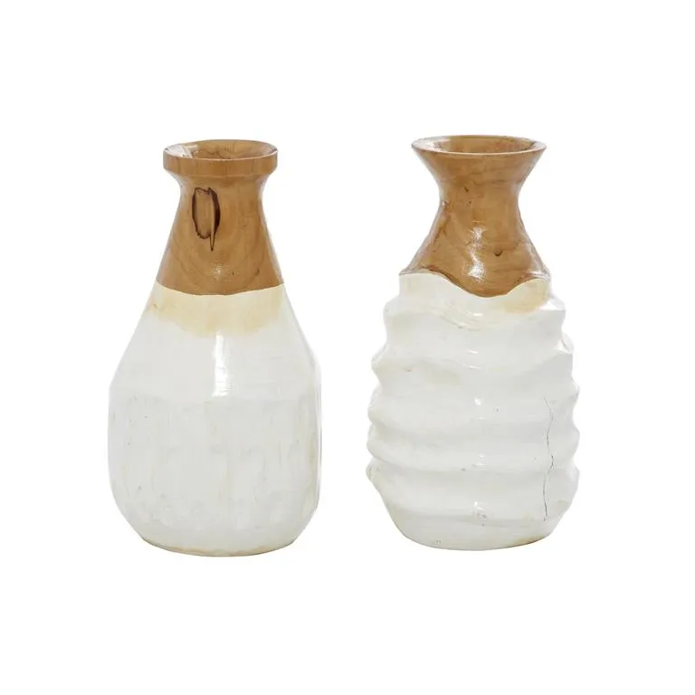 1 PIECE WHITE TEAK WOOD HANDMADE VASE WITH RIPPLE TEXTURE