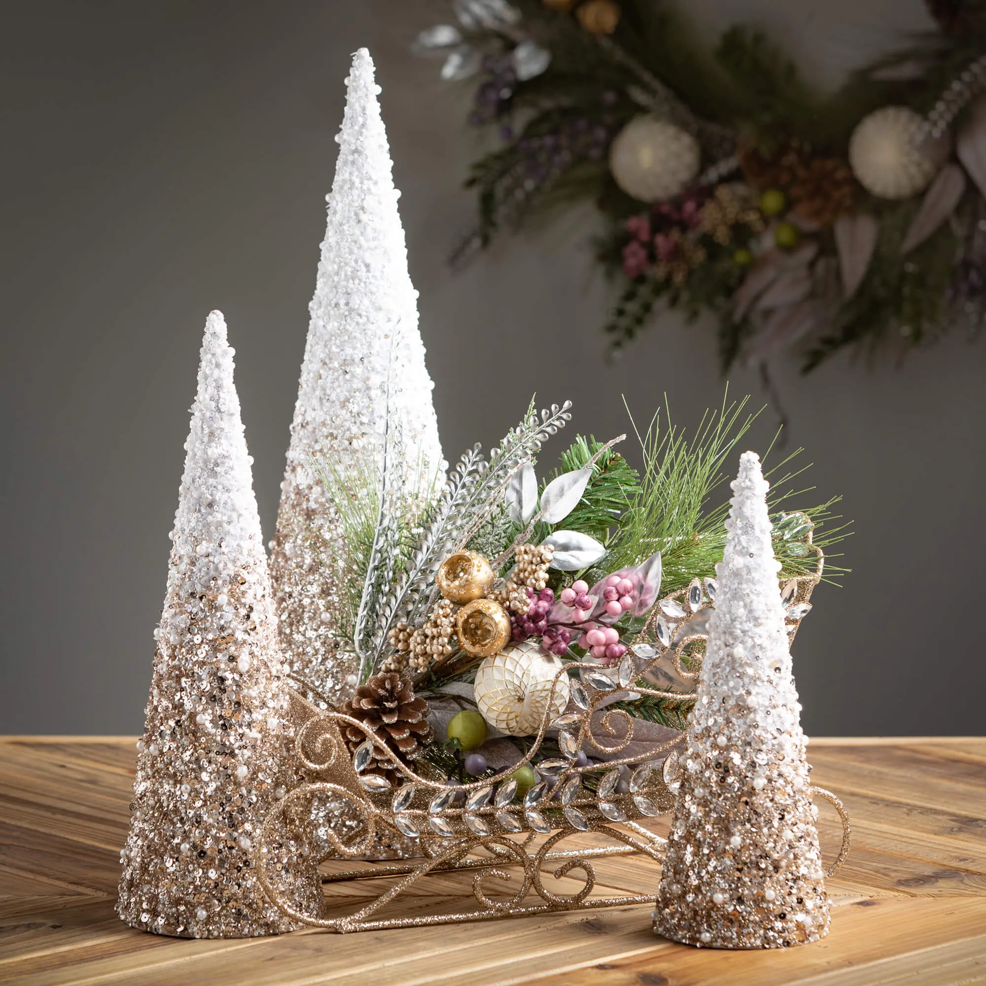 11.5"H, 14.75"H and 20"H Sullivans Beaded Cone Tree - Set of 3, Christmas Decor, Gold