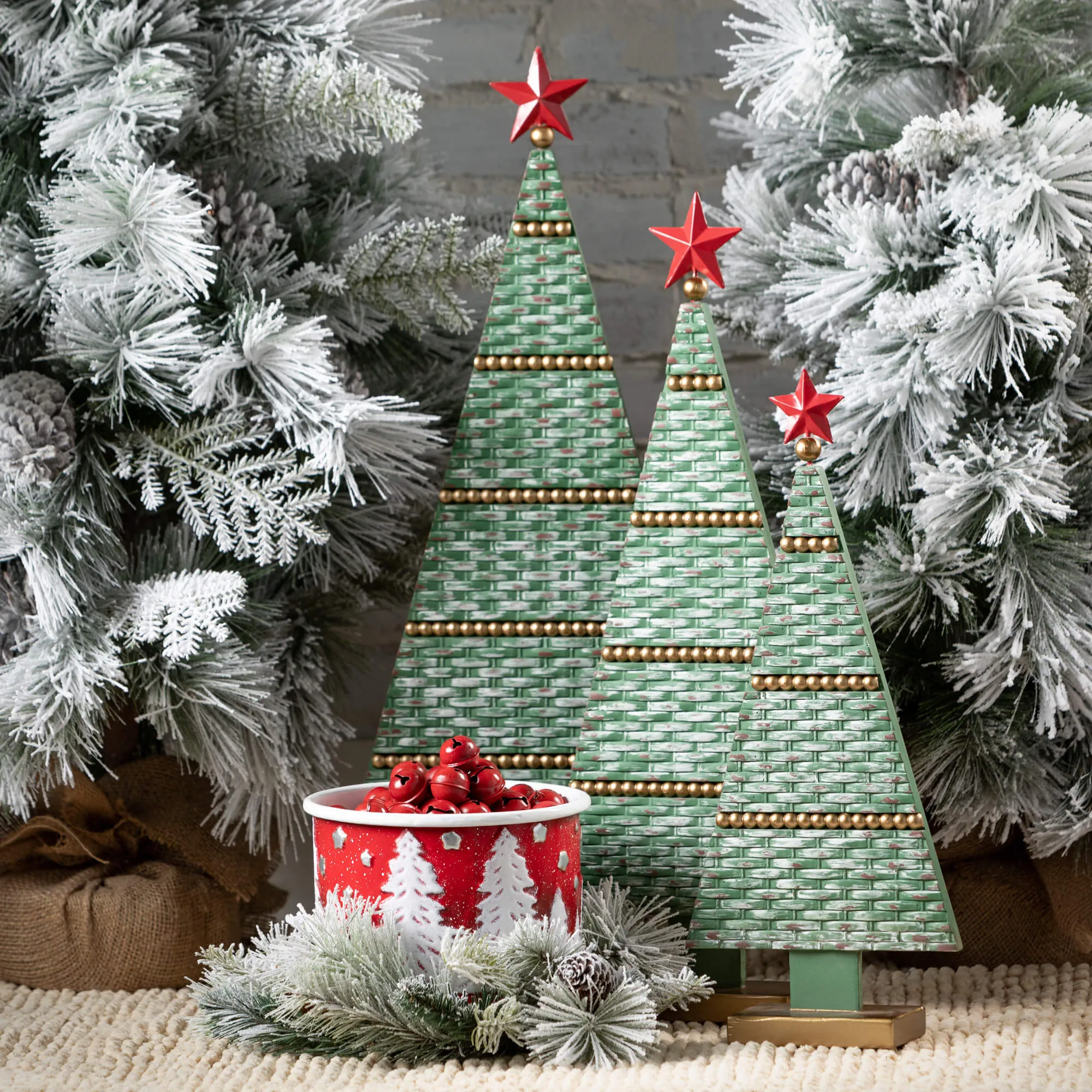 18.25"H, 23"H and 27"H Sullivans Textured Wooden Tree - Set of 3, Christmas Decor, Green