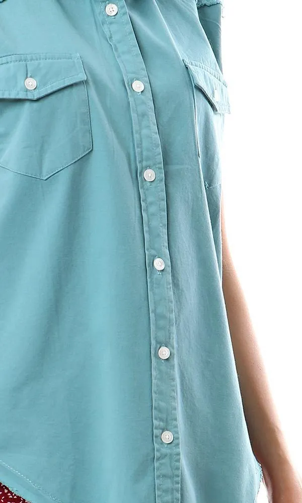 93214 Sleeveless Solid Buttoned Viridian Green Shirt