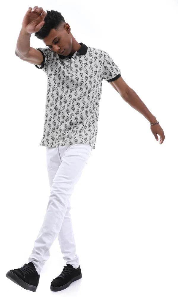 95007 Printed Striped & Leaves Buttoned Off White & Black Polo Shirt