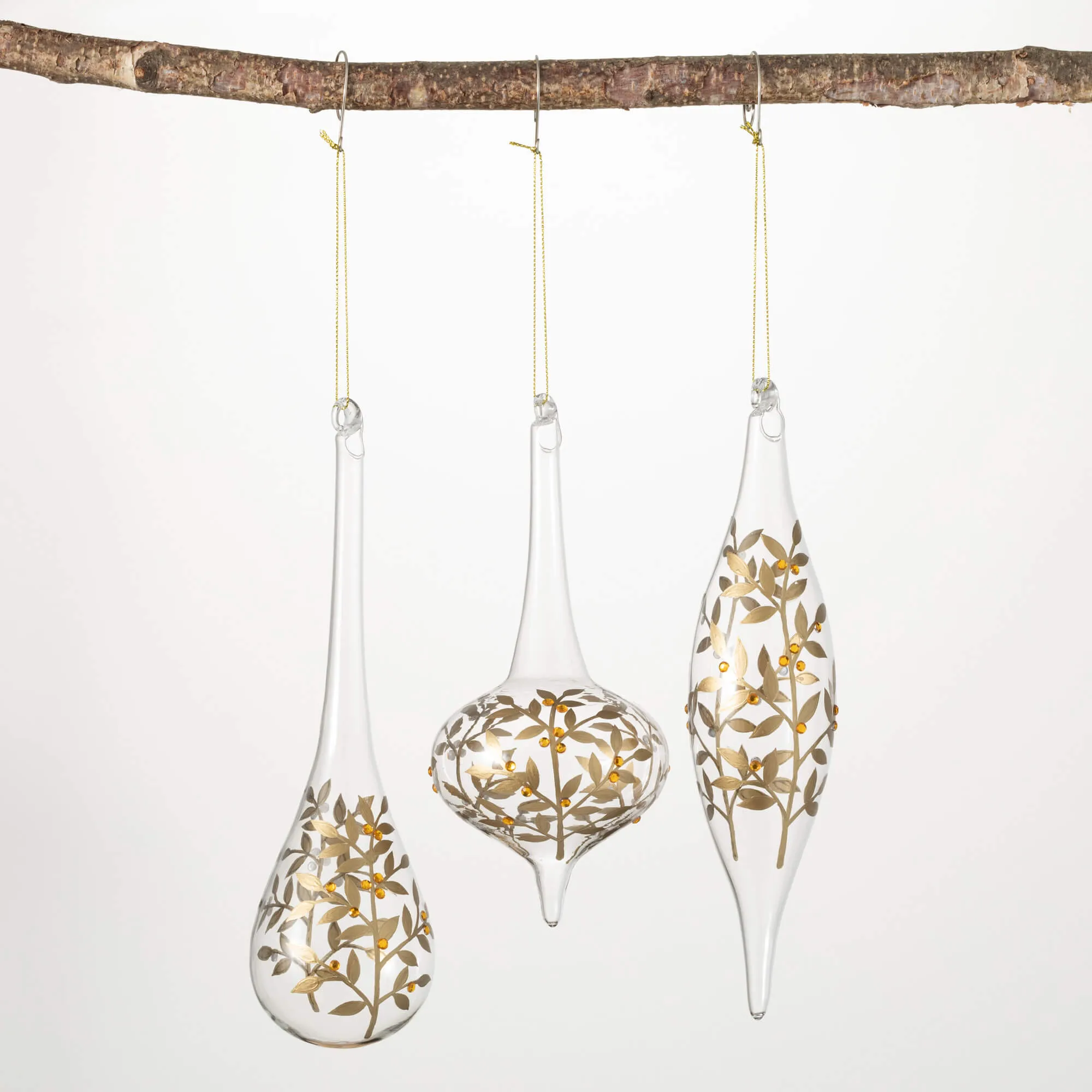 9.5"H, 9.5"H and 7.75"H Sullivans Jeweled Leaf Ornament - Set of 3, Gold Christmas Ornaments