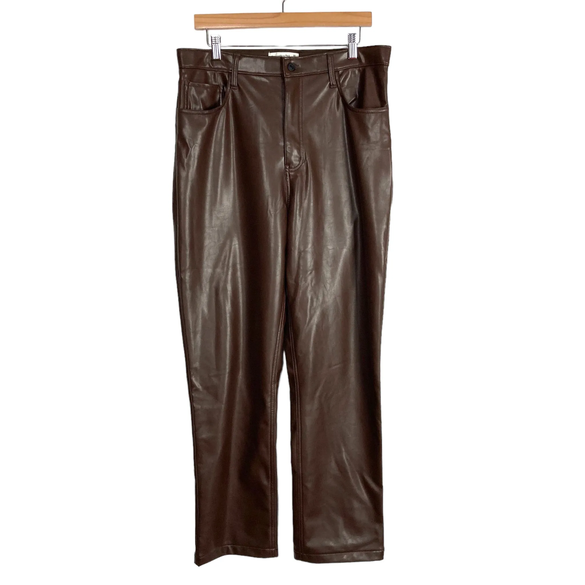 Abercrombie & Fitch Brown Vegan Leather Curve Love Ultra High Rise 90's Straight Pants-Size 32/14 (Inseam 30”)