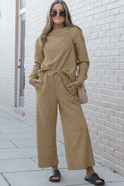 Abigail Textured Long Sleeve Top and Drawstring Pants Set