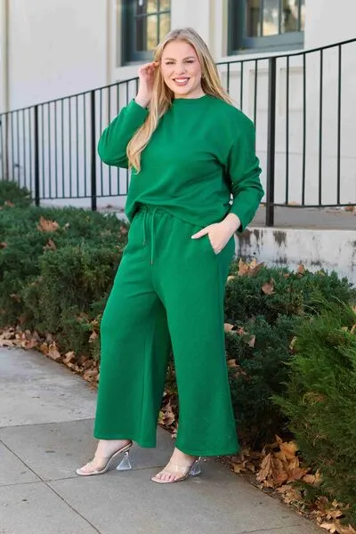 Abigail Textured Long Sleeve Top and Drawstring Pants Set