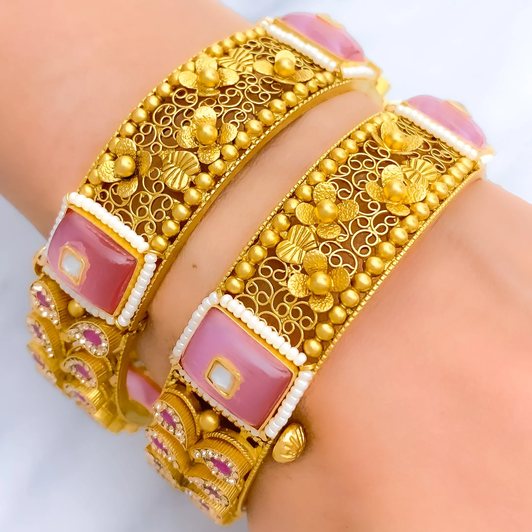 Antique Oxidized Pink Floral 22k Gold Bangles