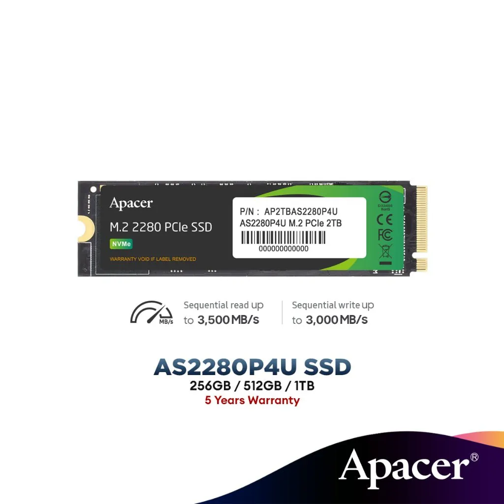 Apacer AS2280P4U M.2 PCIe Gen3 x4 NVMe SSD Solid State Drive (256GB / 512GB / 1TB)