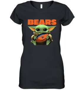 Baby Yoda Loves The Chicago Bears Star Wars Baby Yoda Hugs Bears NFL Womens V-Neck T-Shirt