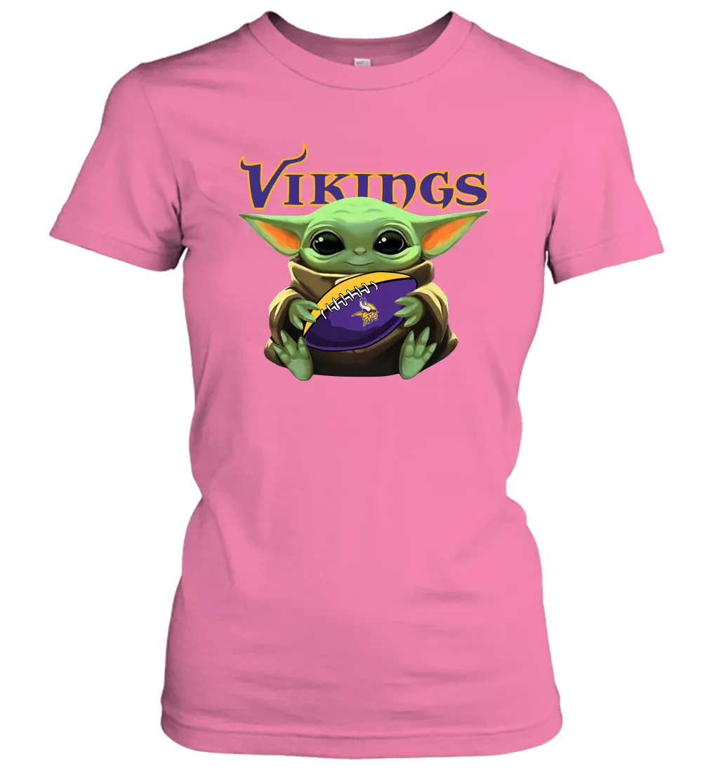 Baby Yoda Loves The Minnesota Vikings Star Wars Baby Yoda Hugs Vikings NFL Womens T-Shirt