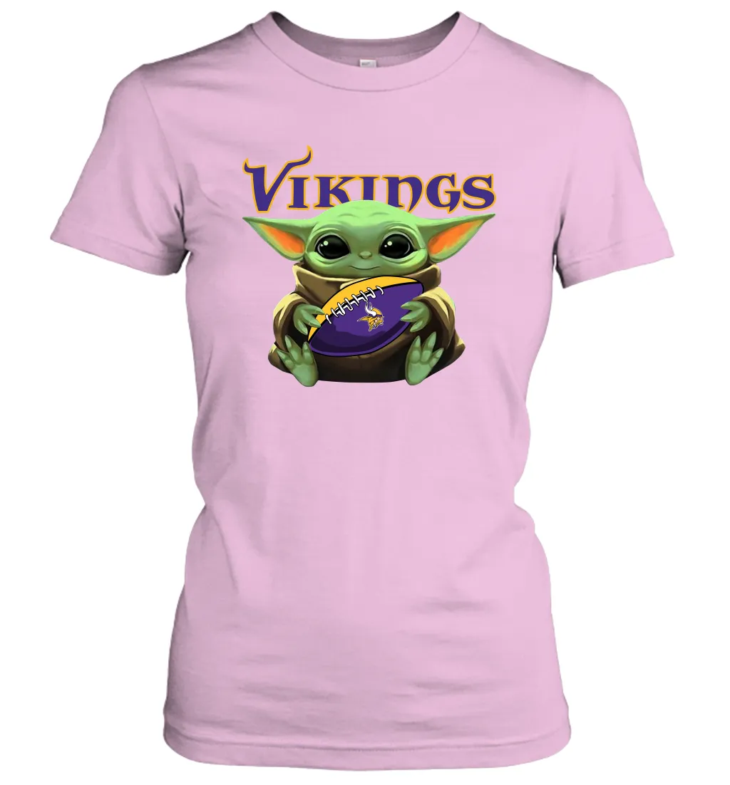 Baby Yoda Loves The Minnesota Vikings Star Wars Baby Yoda Hugs Vikings NFL Womens T-Shirt