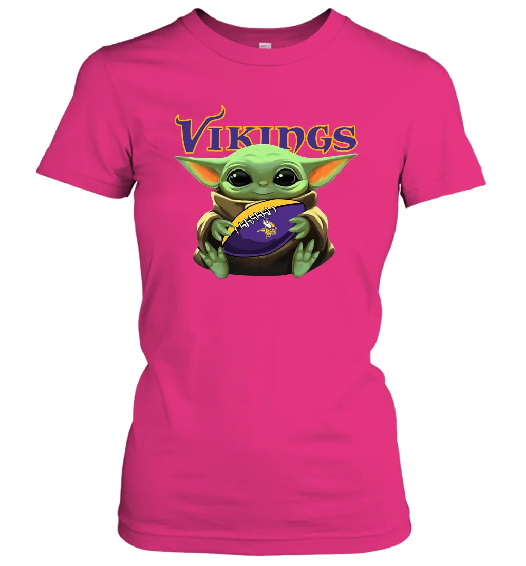 Baby Yoda Loves The Minnesota Vikings Star Wars Baby Yoda Hugs Vikings NFL Womens T-Shirt