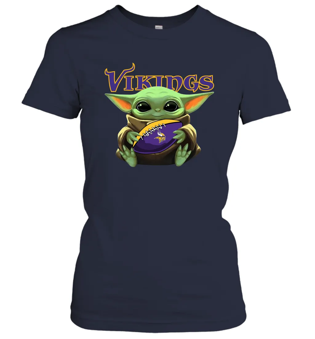 Baby Yoda Loves The Minnesota Vikings Star Wars Baby Yoda Hugs Vikings NFL Womens T-Shirt