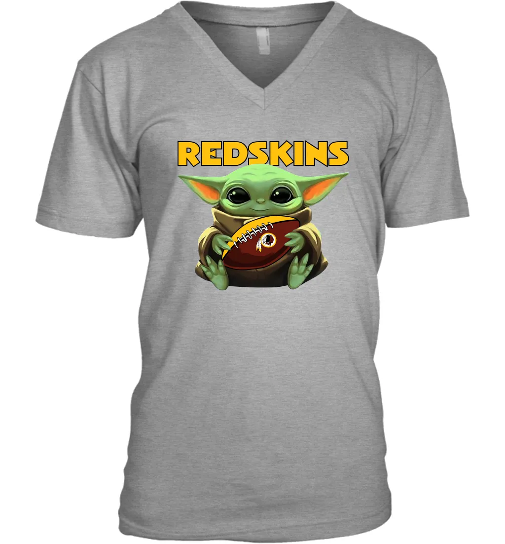 Baby Yoda Loves The Washington Redskins Star Wars Baby Yoda Hugs Redskins NFL Mens V-Neck T-Shirt