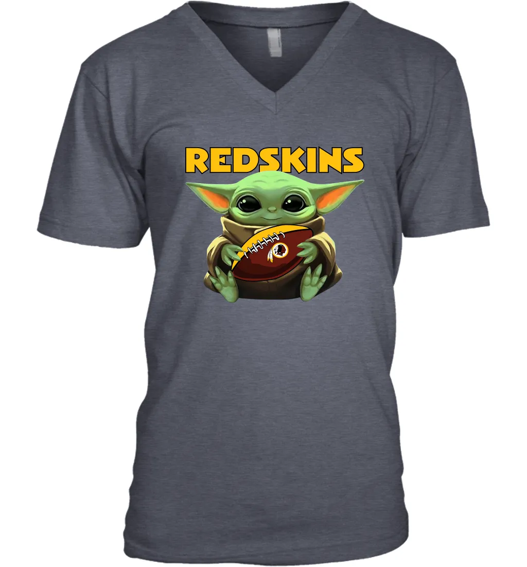 Baby Yoda Loves The Washington Redskins Star Wars Baby Yoda Hugs Redskins NFL Mens V-Neck T-Shirt