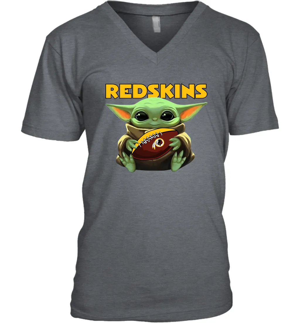 Baby Yoda Loves The Washington Redskins Star Wars Baby Yoda Hugs Redskins NFL Mens V-Neck T-Shirt