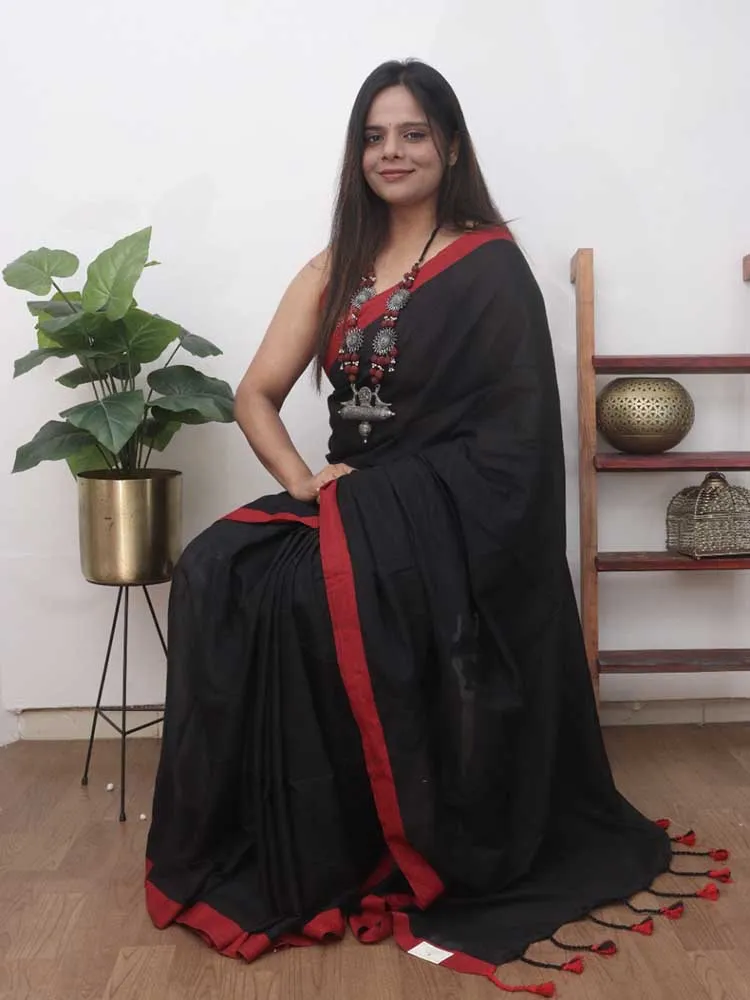 Black Bengal Plain Cotton Saree