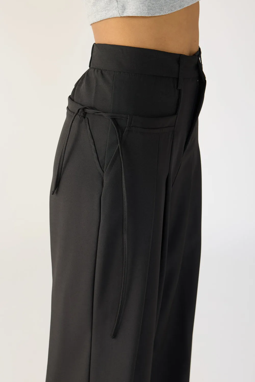 Black Wide Flat Pocket Korean Pants