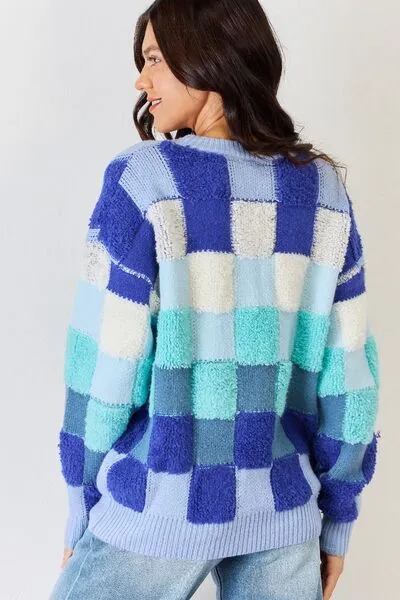 Blue Checkered Round Neck Sweater