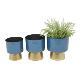 BLUE METAL PLANTER WITH GOLD BASE