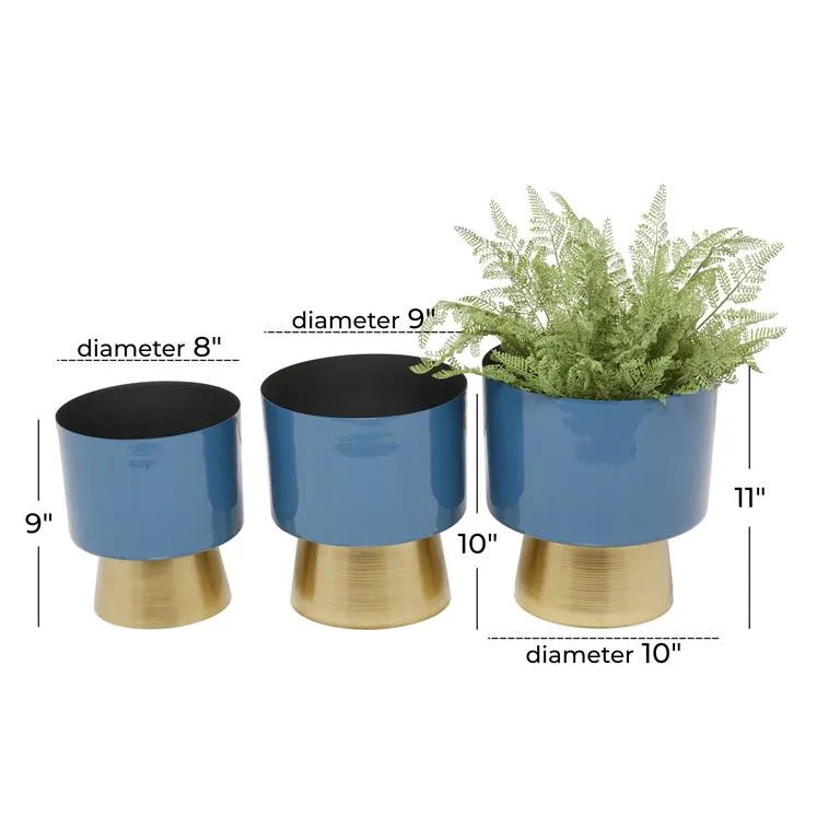 BLUE METAL PLANTER WITH GOLD BASE