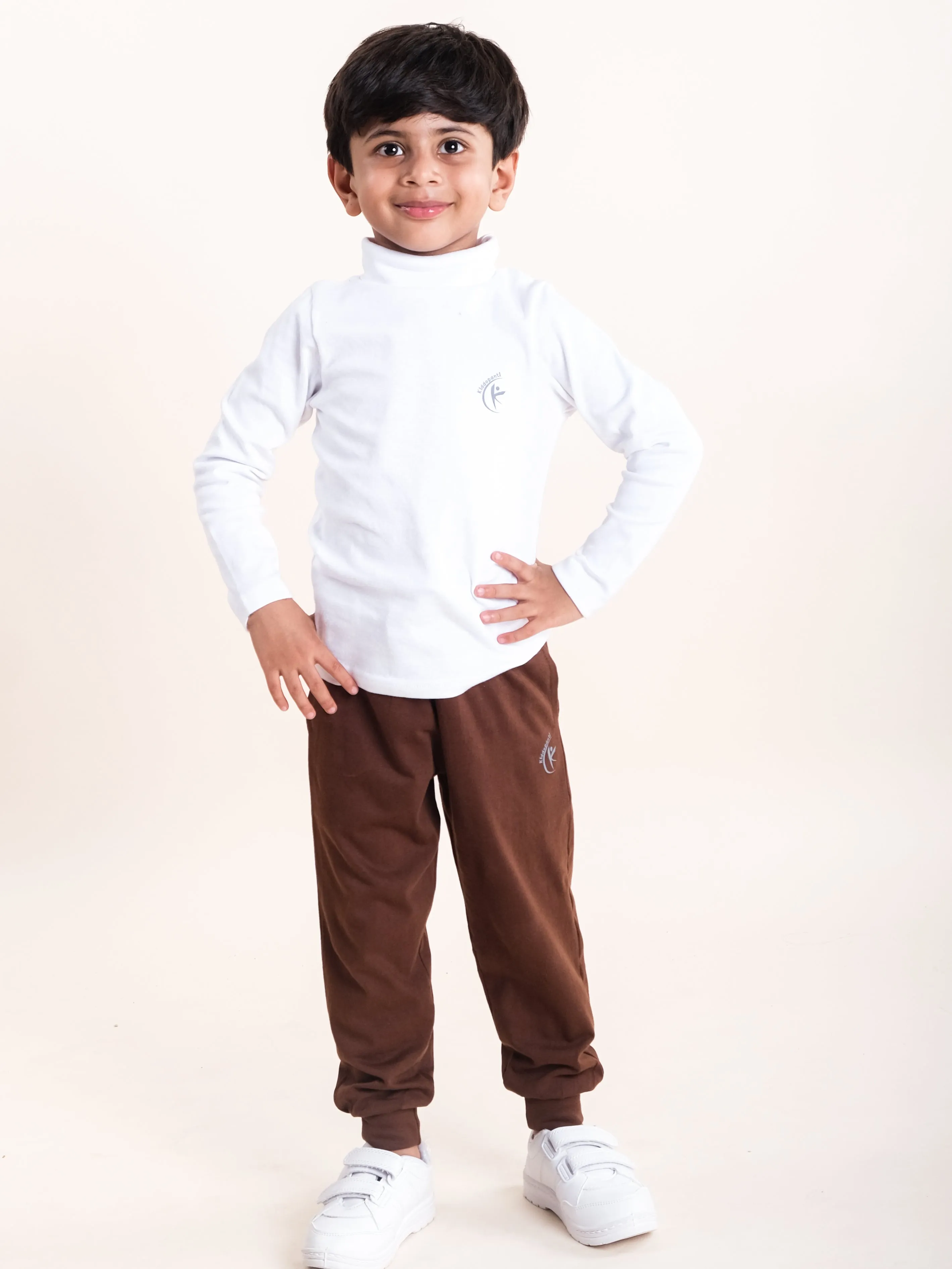 Boys Cotton Solid Turtle Neck Full Sleeve Tee With Track Pant Set