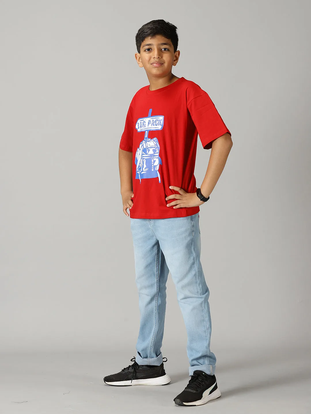 Boys Printed Drop Shoulder Tee & Basic 5 Pocket Denim Pant Set