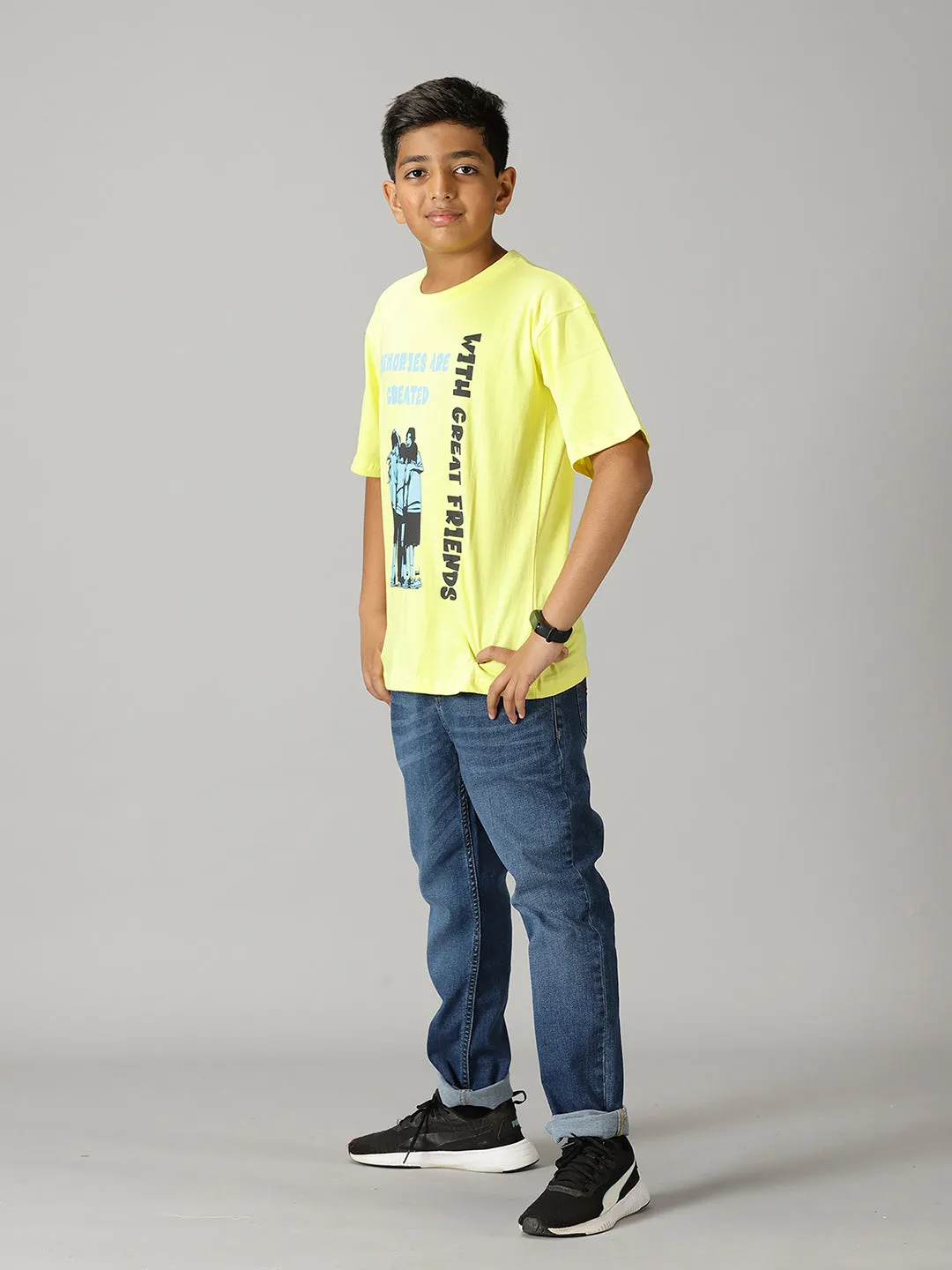 Boys Printed Drop Shoulder Tee & Basic 5 Pocket Denim Pant Set