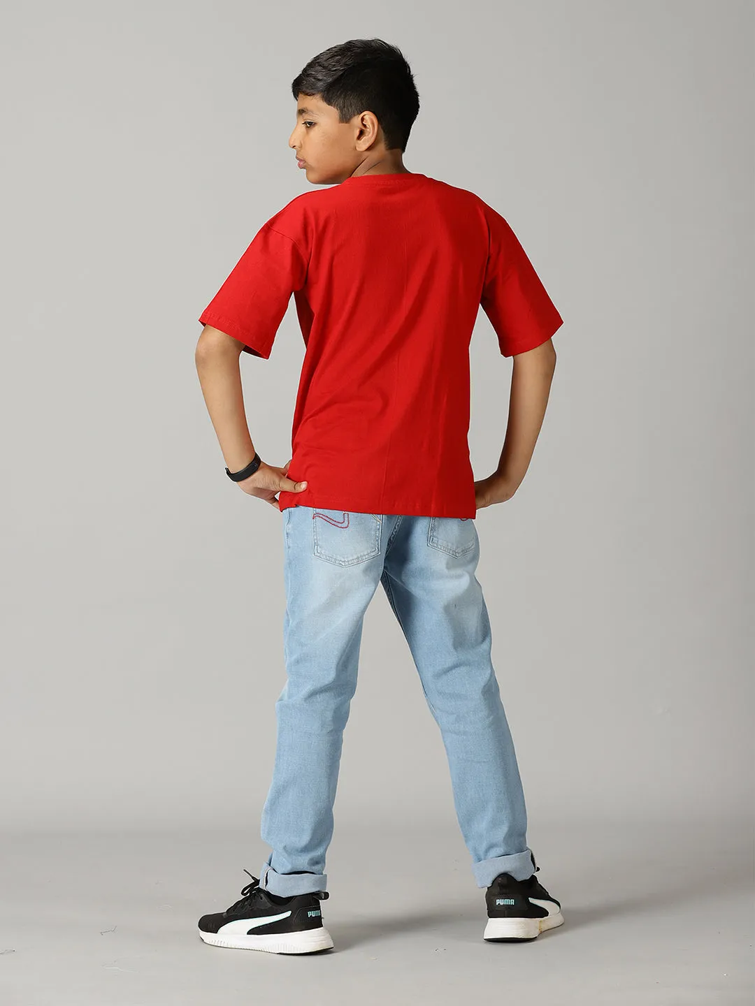 Boys Printed Drop Shoulder Tee & Basic 5 Pocket Denim Pant Set