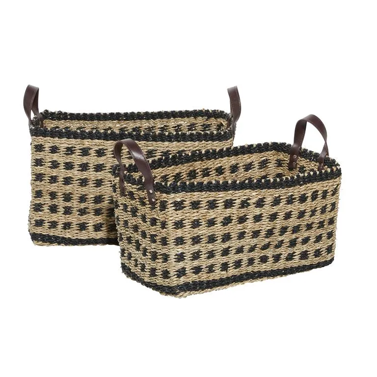 BROWN WOOD HANDMADE TWO TONED STORAGE BASKET WITH HANDLES