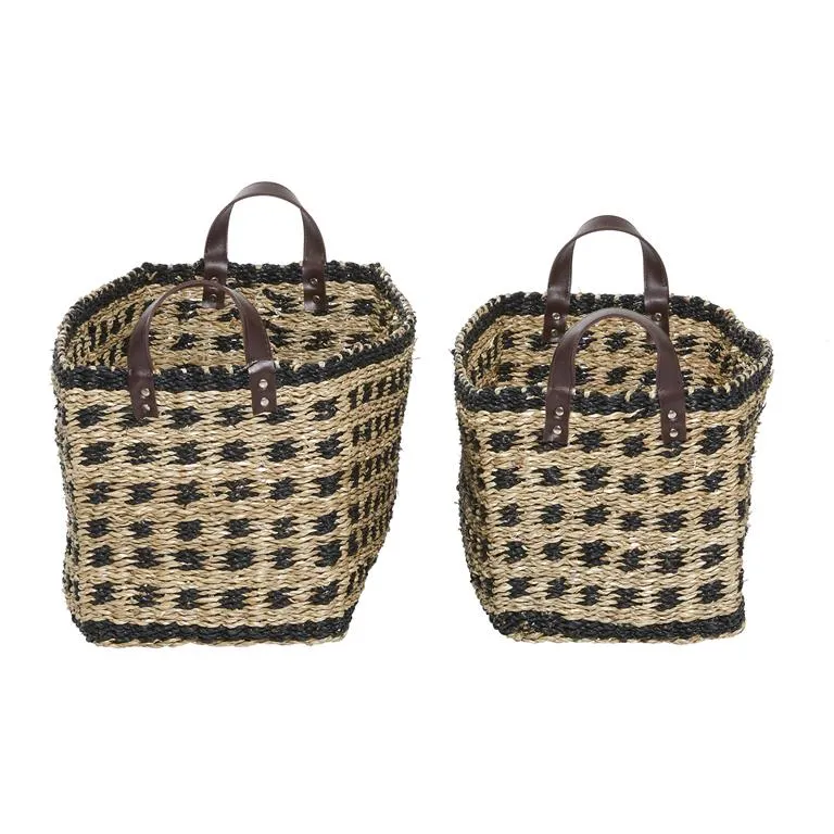 BROWN WOOD HANDMADE TWO TONED STORAGE BASKET WITH HANDLES