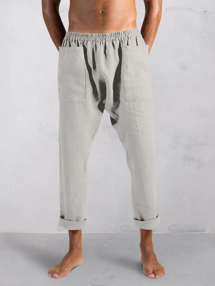 Casual Solid Cotton Linen Tapered Pants