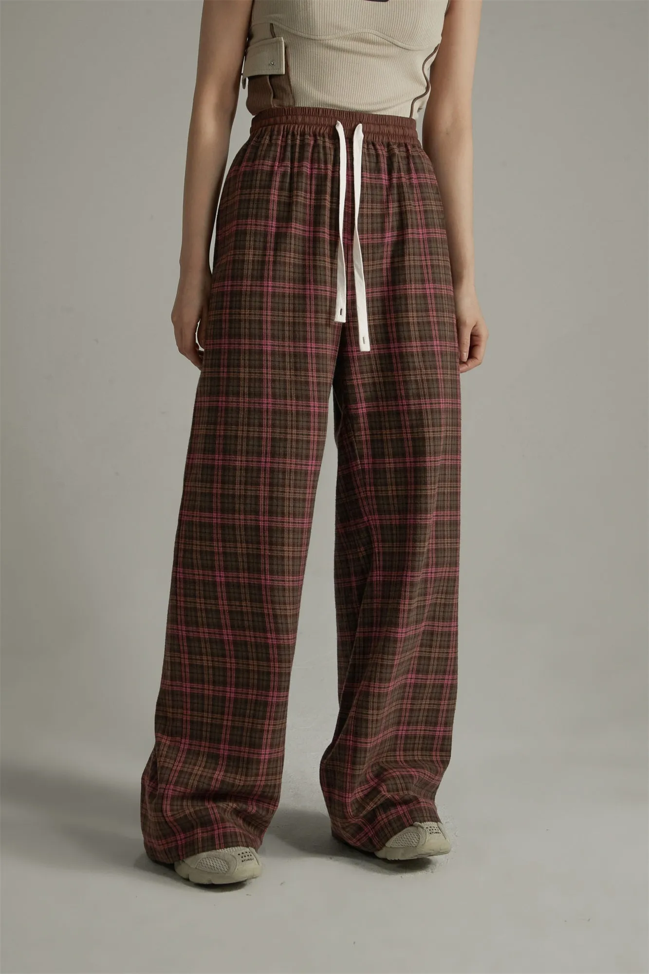 Check Wide Casual Stright Pants