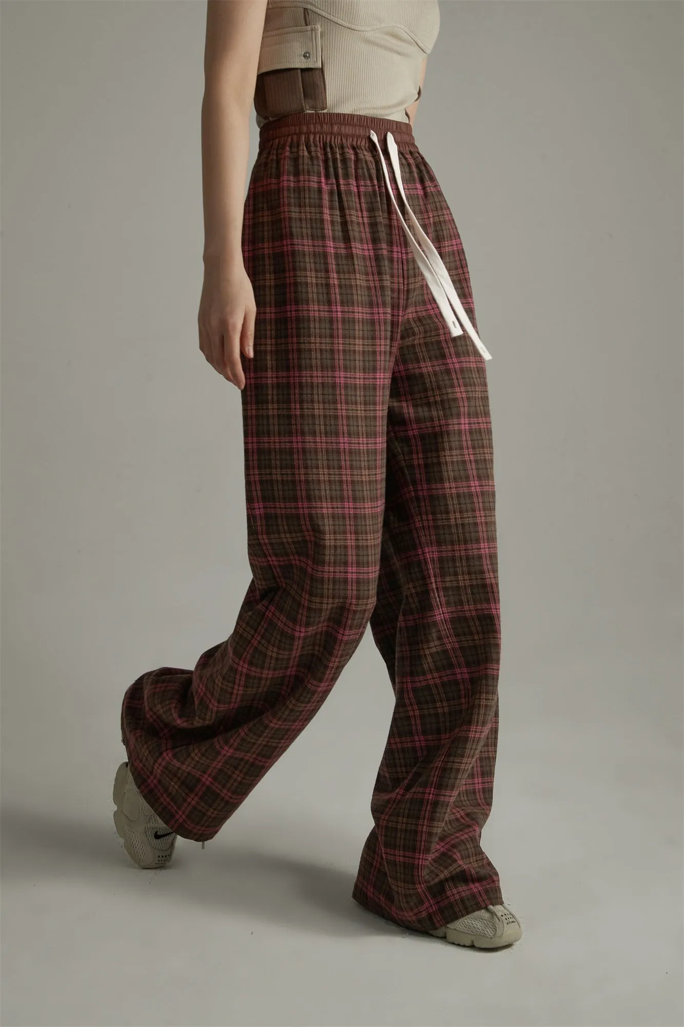 Check Wide Casual Stright Pants