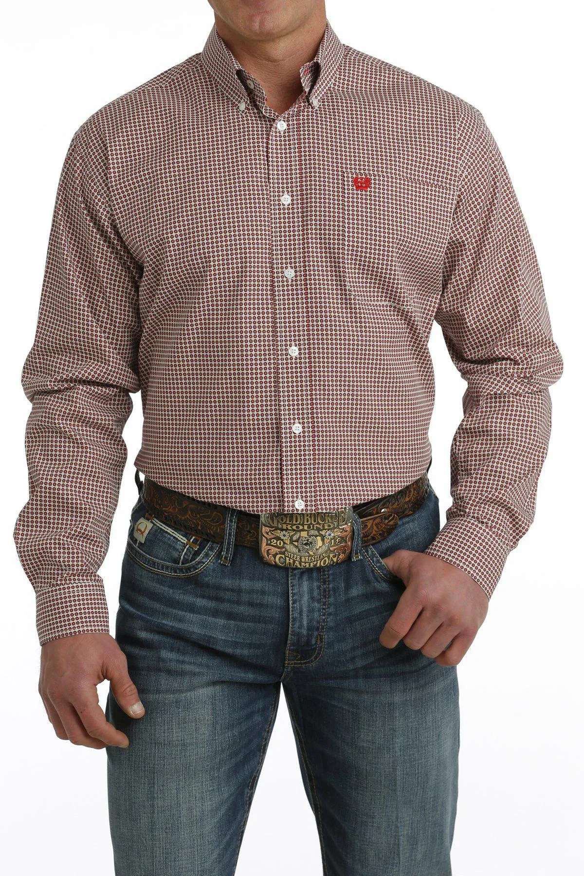 Cinch Red Geo Print LS Shirt