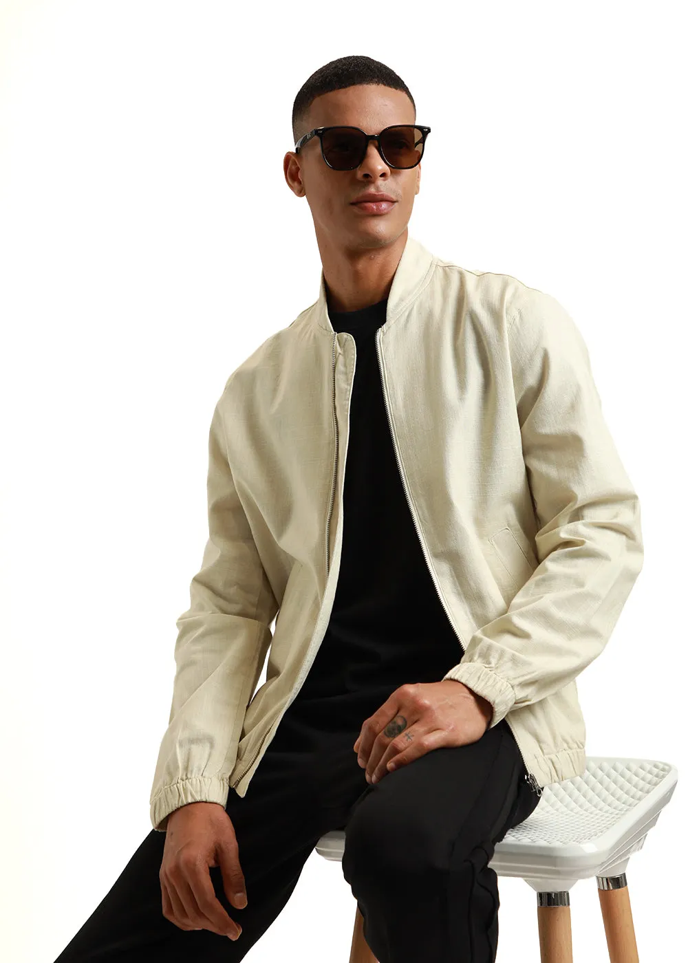 Cream Bomber Linen Jacket