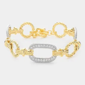 CZ Stone Oval Link Two Tone Toggle Bracelet- M H W ACCESSORIES