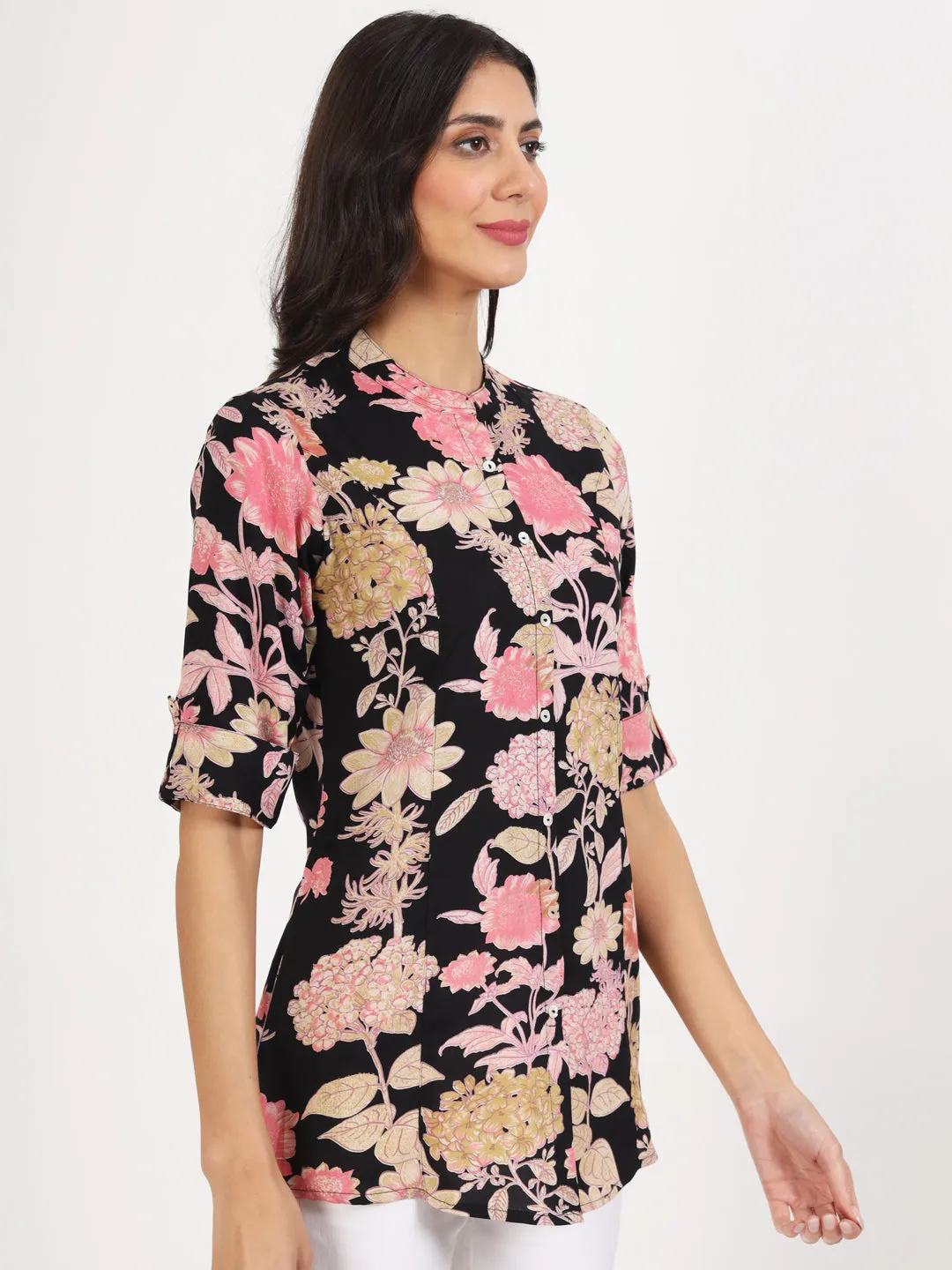 Divena Black Floral Printed Rayon Top