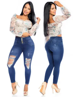 DM Shapewear - Blue ripped 4 button High Waist abdomen Control Push up Jeans