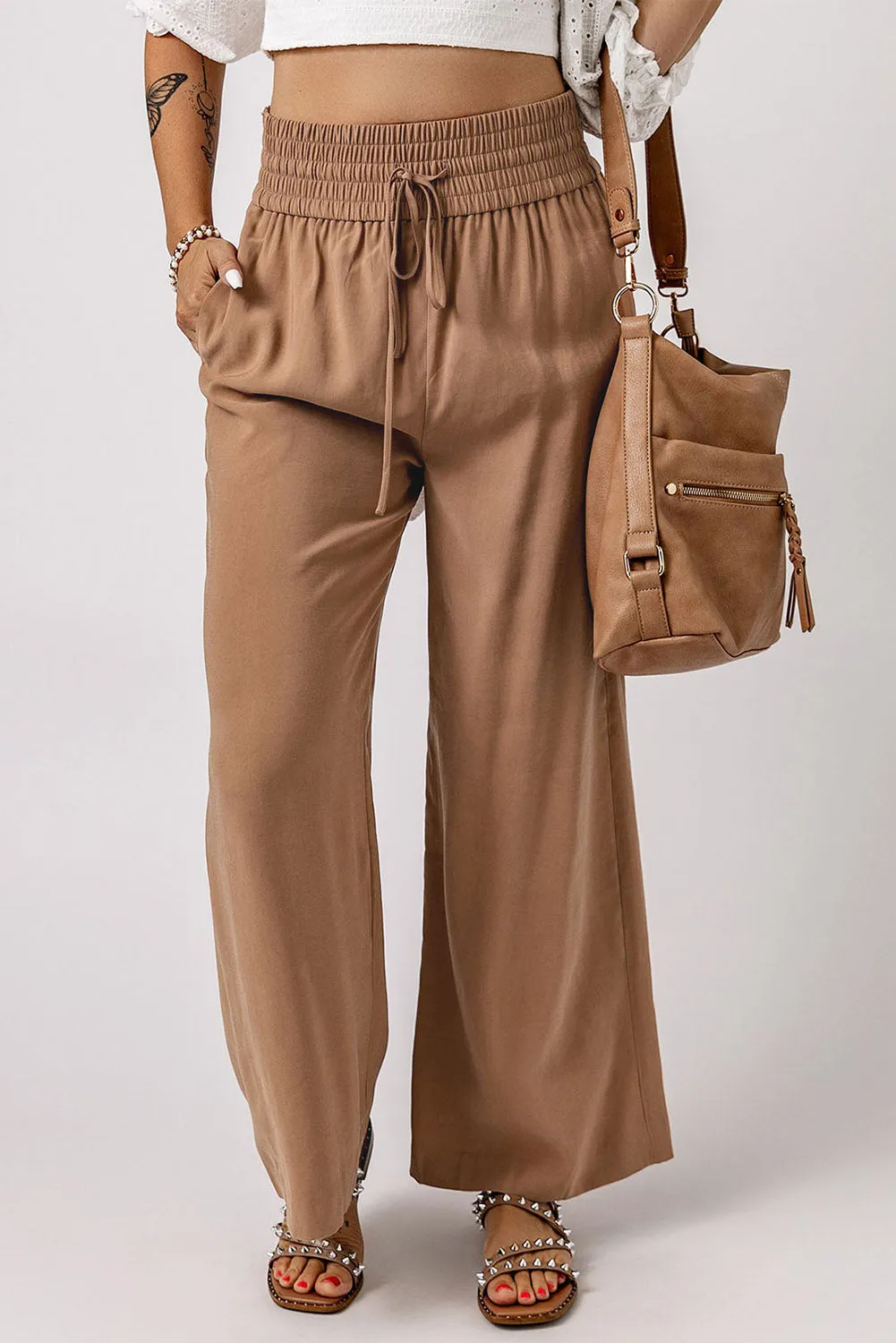 Drawstring Elastic Waist Casual Wide Leg Pants