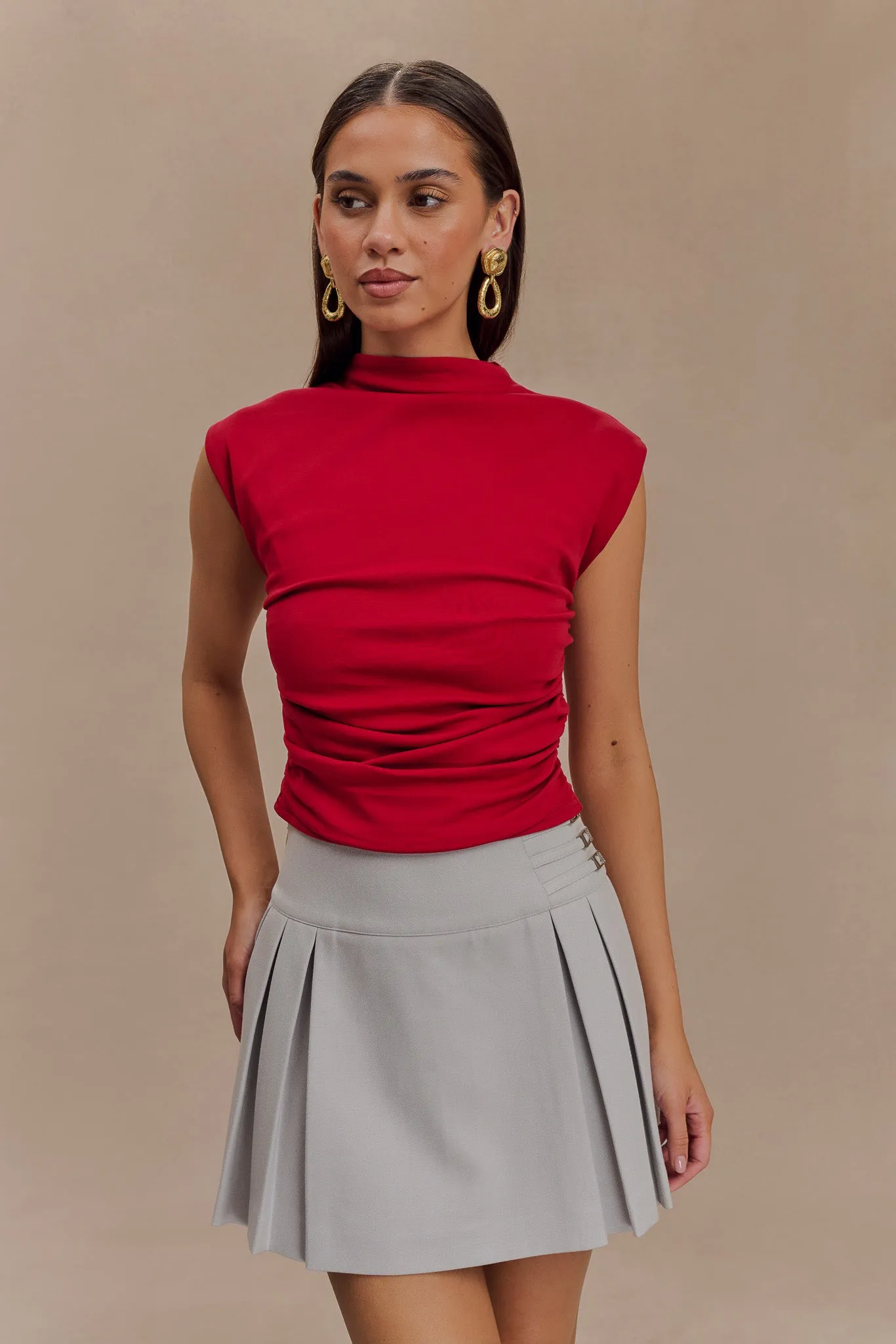 Ellia High Neck Sleeveless Top - Red