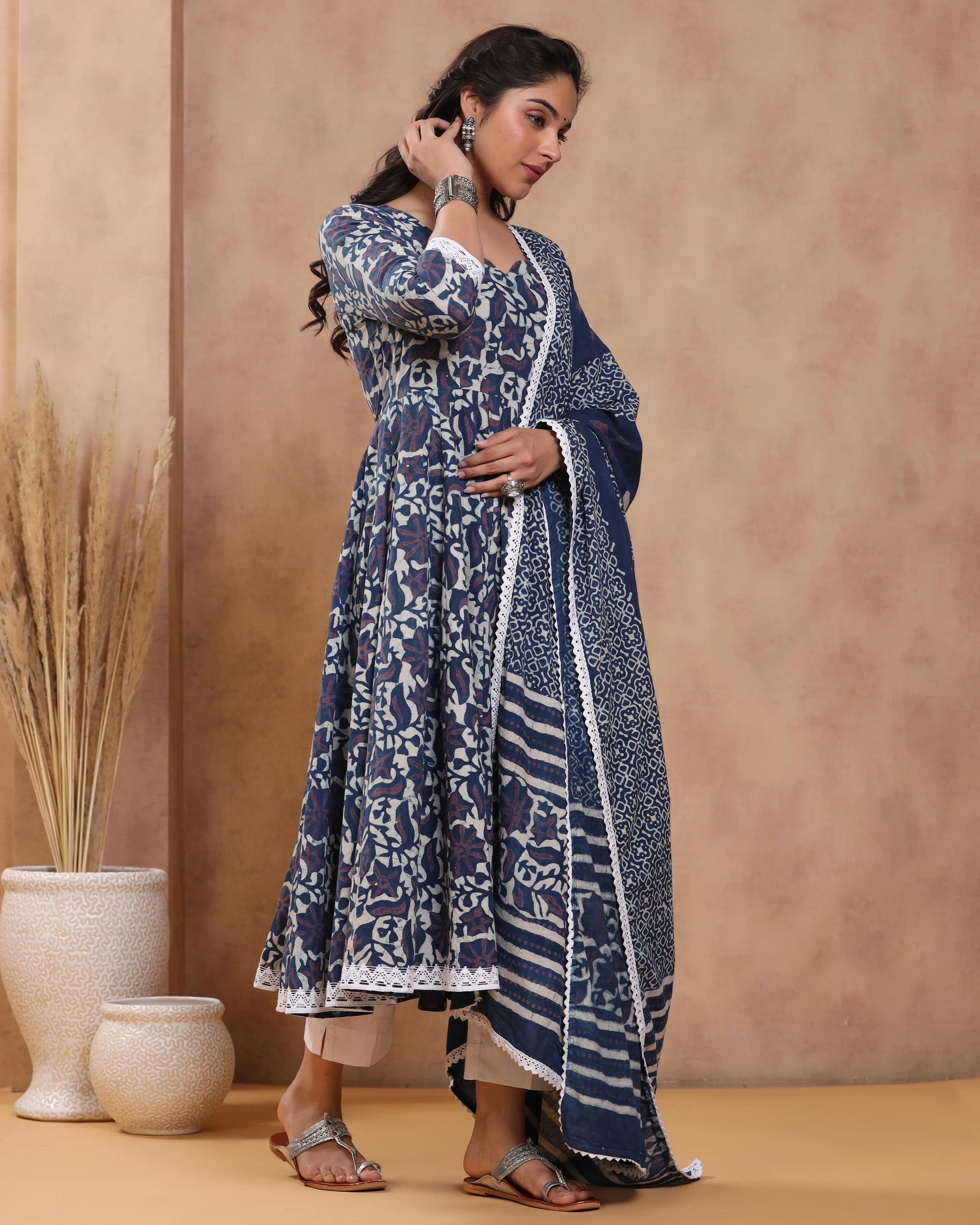 Emu Dabu Print Cotton Anarkali Suit Set ( Set of 3 )