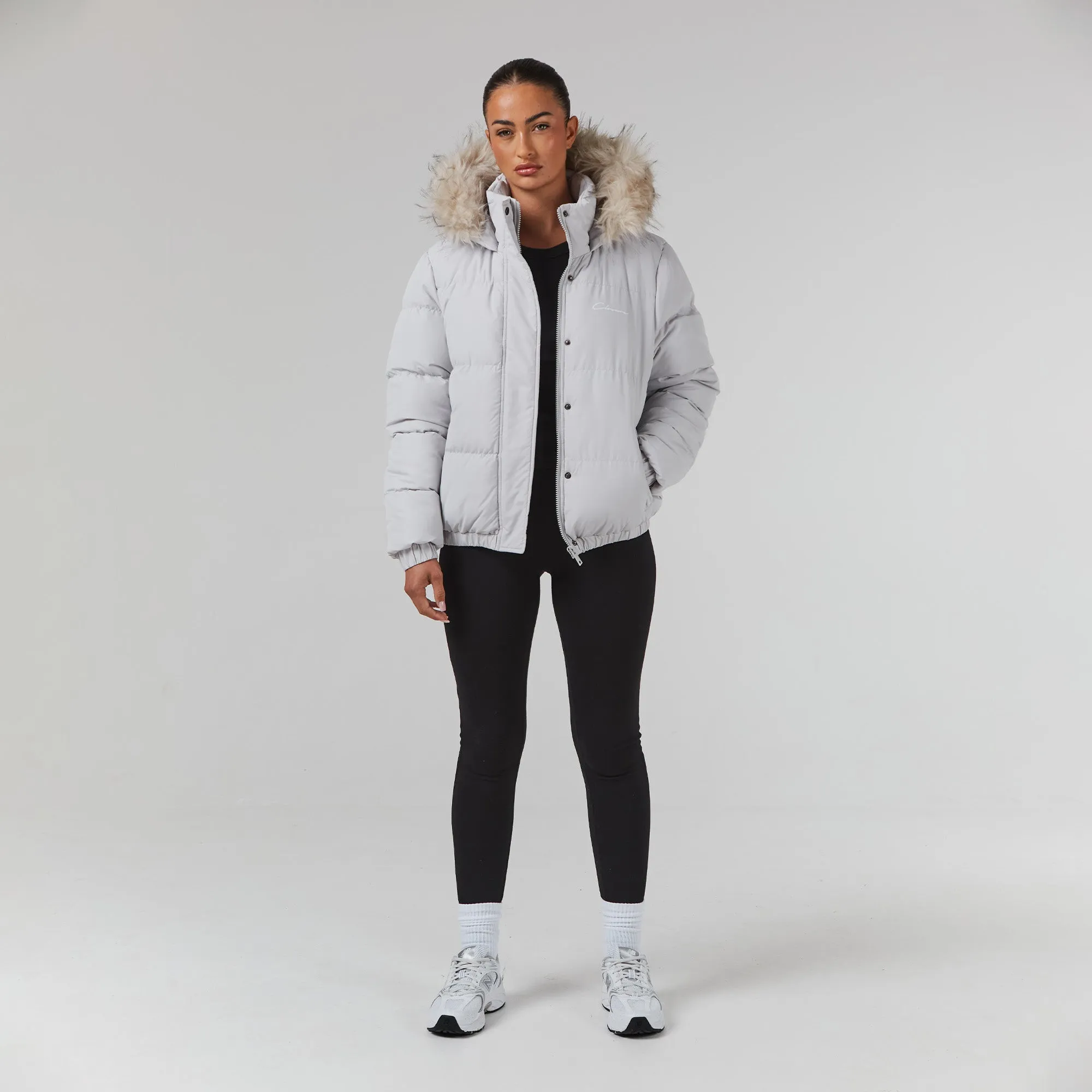 Faux Fur Cropped Puffer | Stone