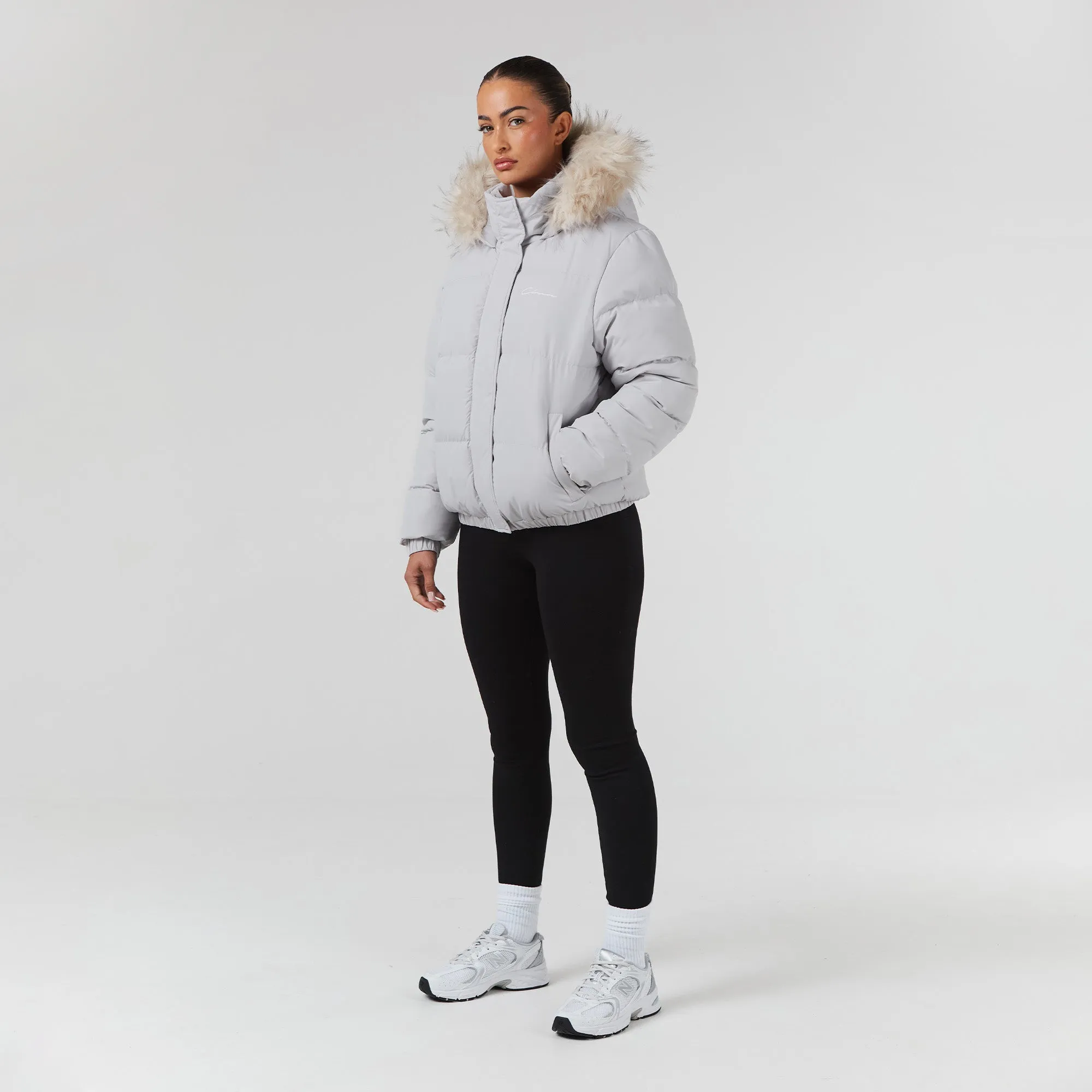 Faux Fur Cropped Puffer | Stone