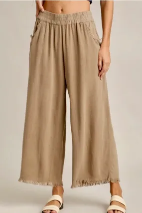 Frayed Wide Leg Linen Blend Cropped Pants- Latte