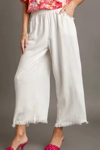 Frayed Wide Leg Linen Blend Cropped Pants- White