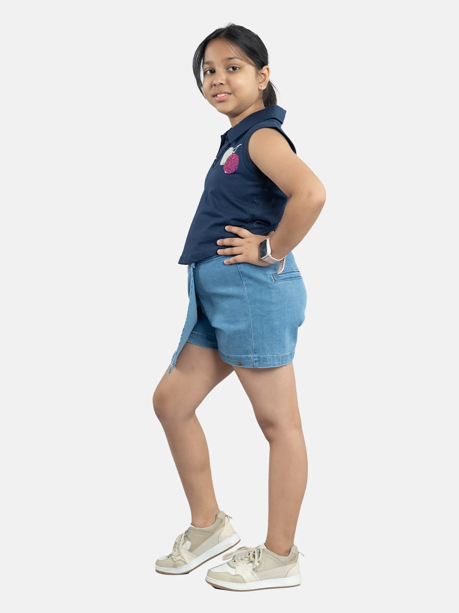 Girls Cropped Applique Embroidery Polo Tee & Denim Over Lap Skorts Sets