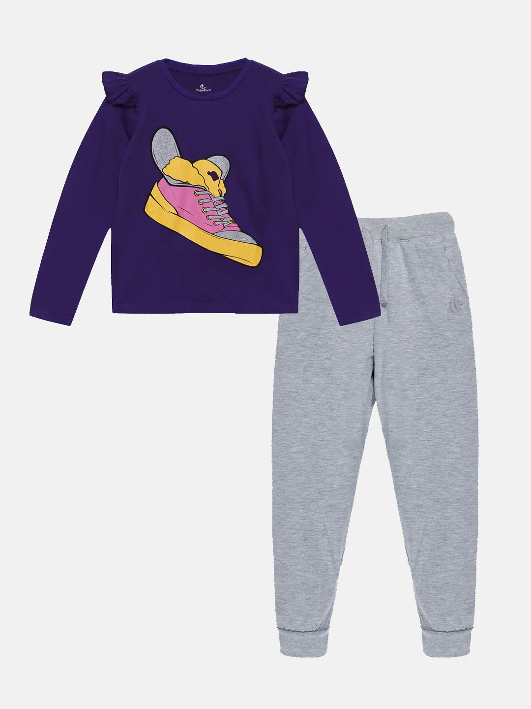 Girls Printed Full Sleeve Tee & Solid Track Pant Set