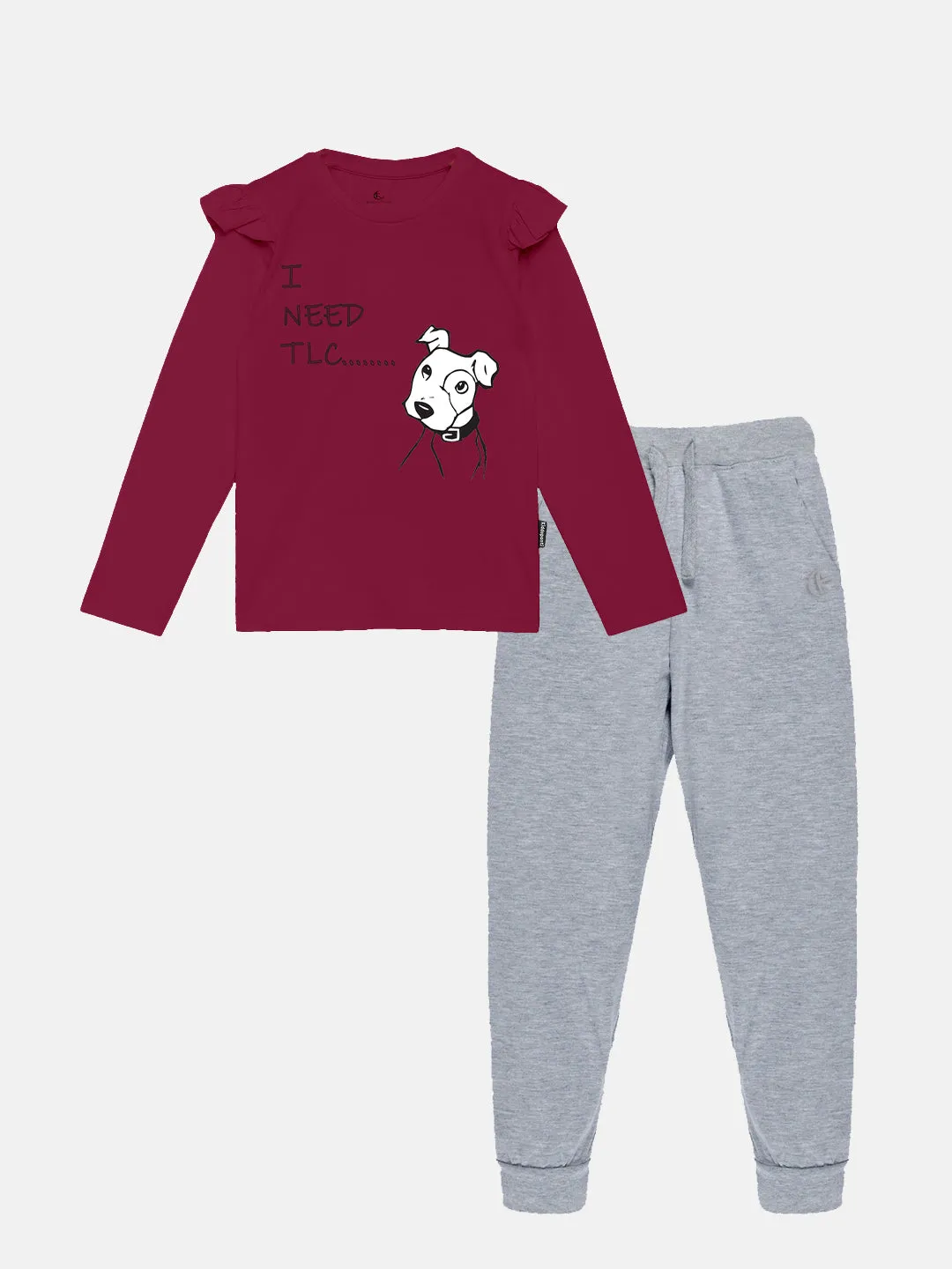 Girls Printed Full Sleeve Tee & Solid Track Pant Set