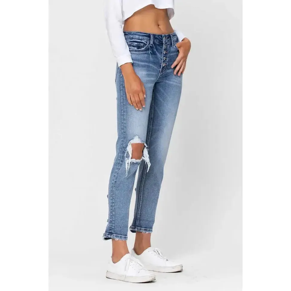 High Rise Button Fly Cuffed Boyfriend Jeans